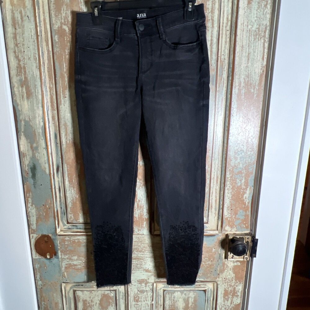 ana Skinny Ankle Jeans Women’s 8 Black With Sequins Frayed Hem
